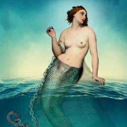 Anchored Mermaid Nautical Ocean Blue Print Art Surreal Home Decor Beach House Fish Anchor - thumbnail 3