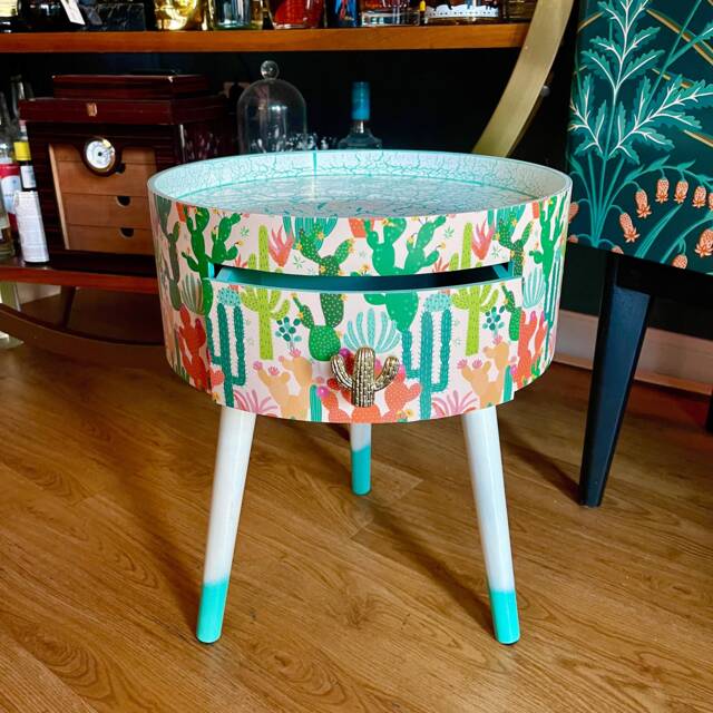 Boho Cactus Side Table, Southwestern Decor For Home, Turquoise Tray Top End Tables Bedroom, Plant 5Th Anniversary Gift Nightstand - image 1