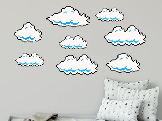 Clouds Wall Decals - Super Cloud Decal Set Of 8 Nursery Sticker Pixel Game Decor R114 - image 1