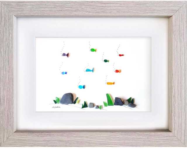 Rainbow Fish - Sea Glass & Pebble Picture Framed Handmade Wall Decor Art - image 1