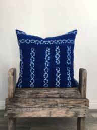 Rare Blue Indigo Mud Cloth Pillow African Border Print Cushion Cover - thumbnail 1