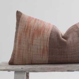 Earthy Brown Striped Lumbar Pillow, Woven Cotton, Bamboo Reverse - thumbnail 2