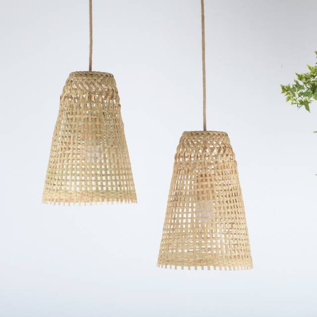 Cone Shaped Bamboo Wood Pendant Light - Woven Asian Lampshade - image 1