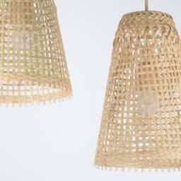 Cone Shaped Bamboo Wood Pendant Light - Woven Asian Lampshade - thumbnail 2
