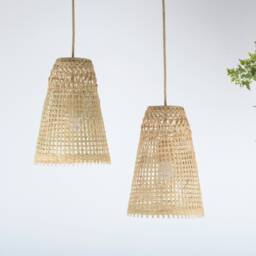 Cone Shaped Bamboo Wood Pendant Light - Woven Asian Lampshade - thumbnail 1