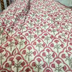 Quilted Pure Cotton Reversible Bed Throw King Size Summer Indian Quilt - Handmade Handprint Country Pink White Small Motif - thumbnail 2