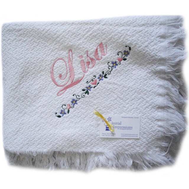 White Cotton Throw Blanket - Embroidered With The Heart Bar Embroidery Design As Shown & Personalized - image 1