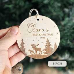 Personalised Baby's First Christmas Tree Bauble - Round Wooden Ornament With Forest & Winter Moose - thumbnail 3