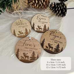 Personalised Baby's First Christmas Tree Bauble - Round Wooden Ornament With Forest & Winter Moose - thumbnail 2