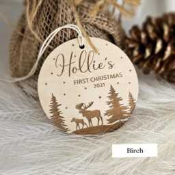 Personalised Baby's First Christmas Tree Bauble - Round Wooden Ornament With Forest & Winter Moose Design - thumbnail 2
