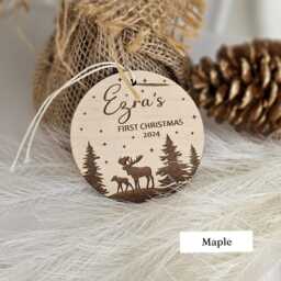 Personalised Baby's First Christmas Tree Bauble - Round Wooden Ornament With Forest & Winter Moose Design - thumbnail 3