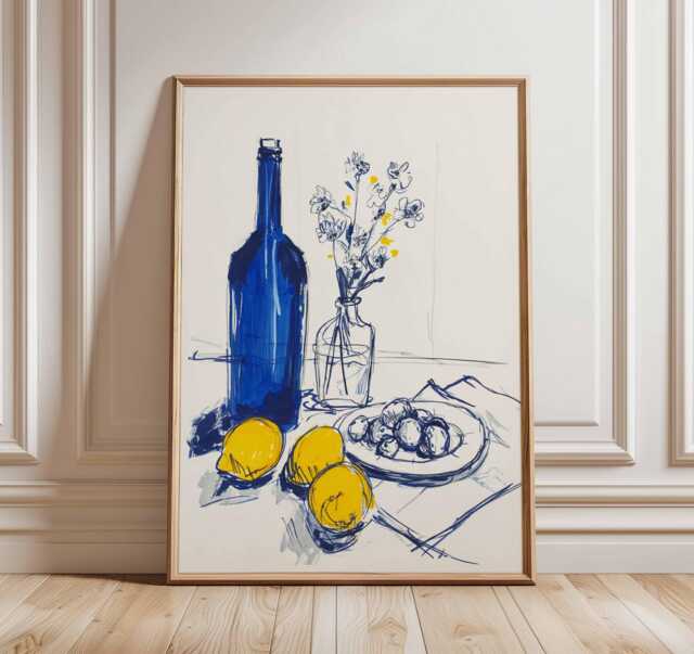 still Life Wall Art, Modern Kitchen Decor With Lemons & Wine Bottle, Blue Yellow Dining Room Poster - image 1