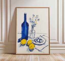 still Life Wall Art, Modern Kitchen Decor With Lemons & Wine Bottle, Blue Yellow Dining Room Poster - thumbnail 1