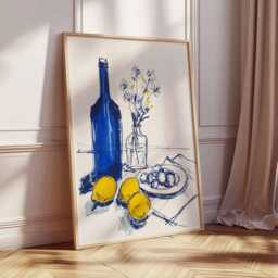 still Life Wall Art, Modern Kitchen Decor With Lemons & Wine Bottle, Blue Yellow Dining Room Poster - thumbnail 2