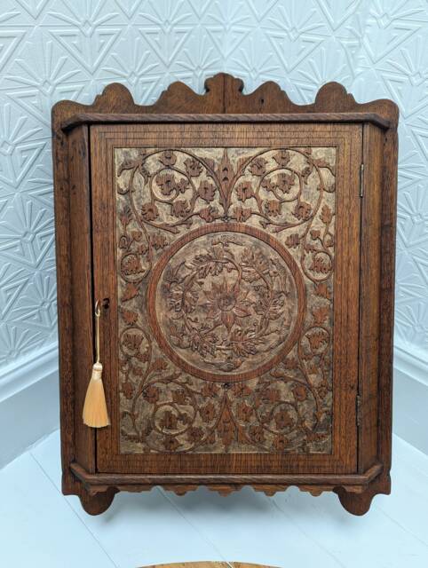 Antique Oak Arts & Crafts Corner Cabinet With Hand Carved Design - image 1