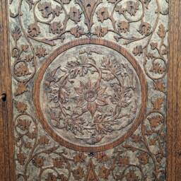 Antique Oak Arts & Crafts Corner Cabinet With Hand Carved Design - thumbnail 3