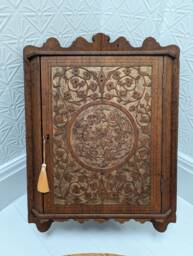 Antique Oak Arts & Crafts Corner Cabinet With Hand Carved Design - thumbnail 1