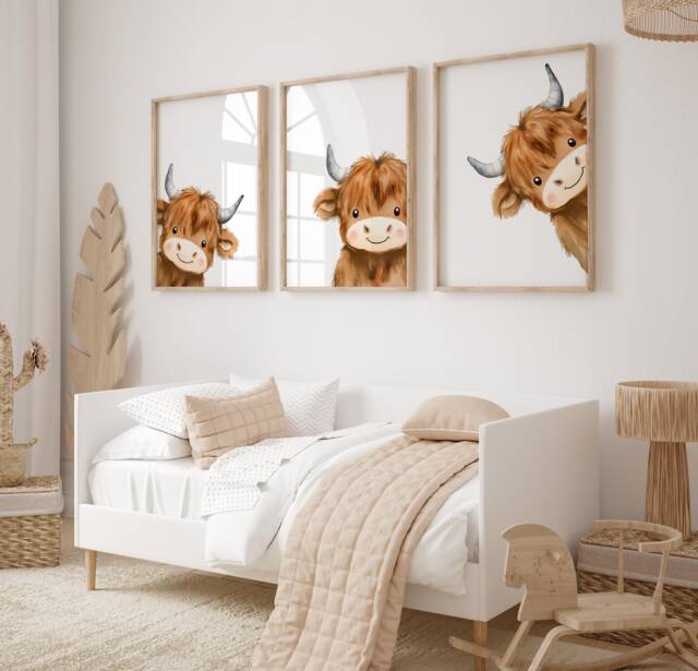 Peeking Highland Cow Nursery Print, Decor, Gift Kids Farm Bedroom Wall Watercolor Digital Print - image 1