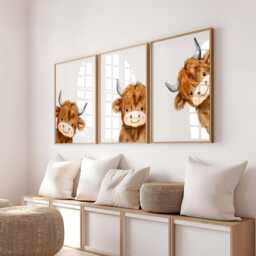 Peeking Highland Cow Nursery Print, Decor, Gift Kids Farm Bedroom Wall Watercolor Digital Print - thumbnail 2