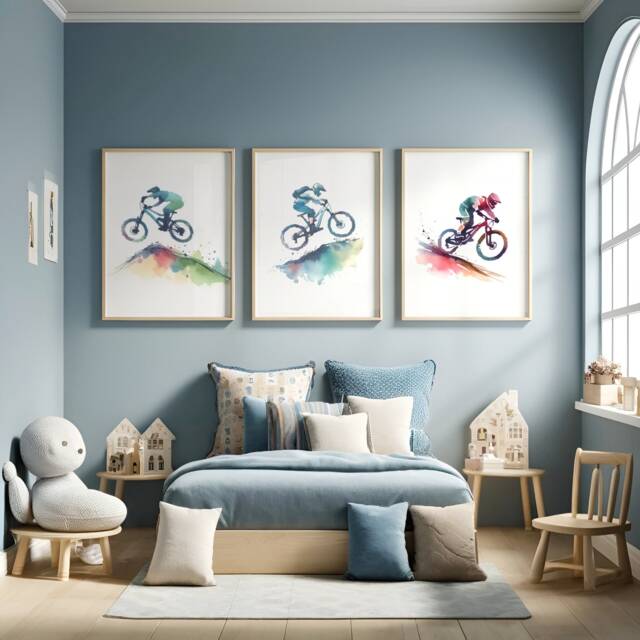 Mountain Biking Wall Art - Set Of 3 Prints - Biker Posters Watercolour Decor Gift Cycling Artwork Boys Cyclist Bedroom Gifts Bike - image 1