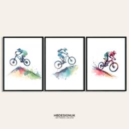 Mountain Biking Wall Art - Set Of 3 Prints - Biker Posters Watercolour Decor Gift Cycling Artwork Boys Cyclist Bedroom Gifts Bike - thumbnail 2