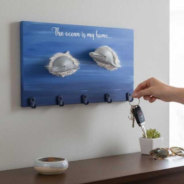3D Dolphin Key Holder Handmade Ocean Theme Wall Decor With Hooks - image 1