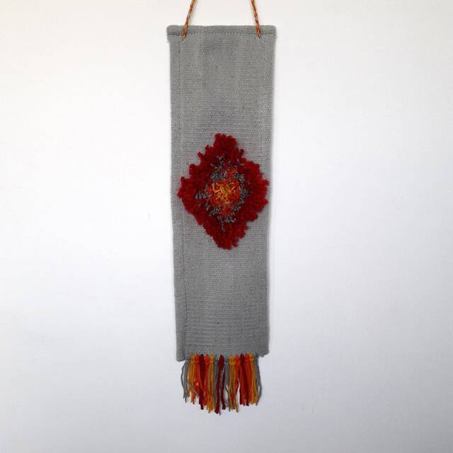 Handwoven Wool Wall Hanging Grey Boho Tapestry With Red & Orange - image 1