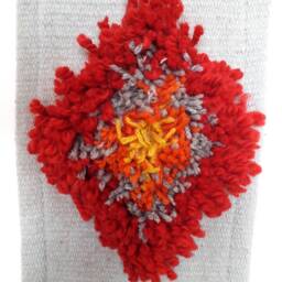 Handwoven Wool Wall Hanging Grey Boho Tapestry With Red & Orange - thumbnail 2