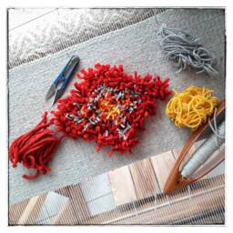 Handwoven Wool Wall Hanging Grey Boho Tapestry With Red & Orange - thumbnail 3