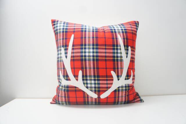 Red Plaid Antler Pillow Cover, Holiday Cabin Decor - 20x20 - image 1
