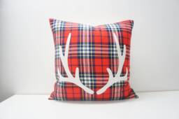 Red Plaid Antler Pillow Cover, Holiday Cabin Decor - 20x20 - thumbnail 1