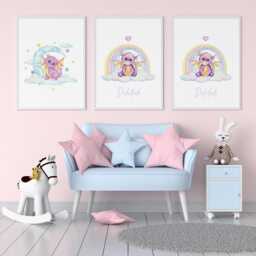 Dragon Nursery Prints Pastel Dragons, Crystal Moon, Rainbow Decor - Set Of 3 - thumbnail 1