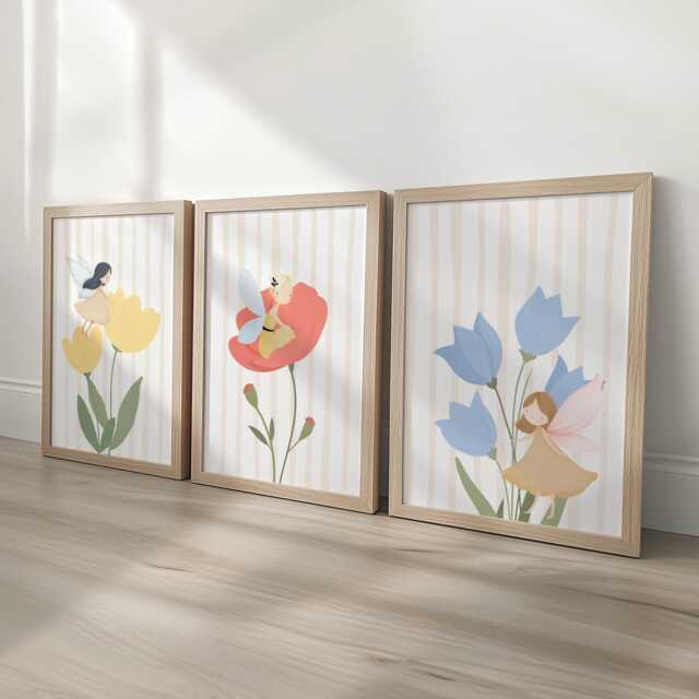 Magic Floral Fairy Print Set, 3 Nursery Wall Art Prints With Flowers & Fairies, Pastel Girls Bedroom, Playroom Decor, Whimsical Framed Gift - image 1