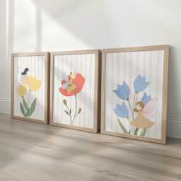 Magic Floral Fairy Print Set, 3 Nursery Wall Art Prints With Flowers & Fairies, Pastel Girls Bedroom, Playroom Decor, Whimsical Framed Gift - thumbnail 1
