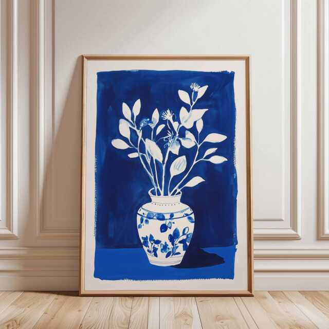 Blue Vase Botanical Poster, Minimal Flower Art Print, Modern Indigo Wall Decor - image 1