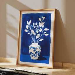 Blue Vase Botanical Poster, Minimal Flower Art Print, Modern Indigo Wall Decor - thumbnail 2