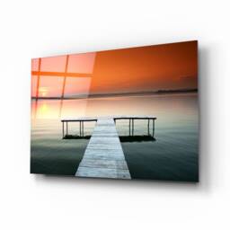 Sunset Lake Pier - Tranquil Dock Landscape Tempered Glass Wall Art For Calm Modern Interiors - thumbnail 1