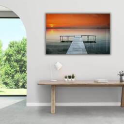 Sunset Lake Pier - Tranquil Dock Landscape Tempered Glass Wall Art For Calm Modern Interiors - thumbnail 3