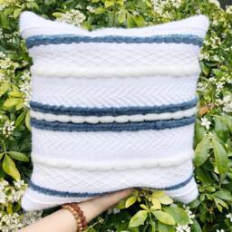 Woven Pillow/Handwoven // Striped Throw Decorative Luxury Accent Cushion White Indigo Navy Shibori - thumbnail 2