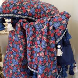 In Stock Navy Red Liberty Wrap Set With Tassel Fringe - Baby Shawl Blanket Pillowcase - thumbnail 4