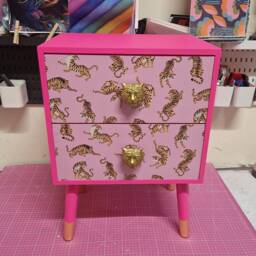 Pink Tiger Square Bedside Table, Two Drawers, Ideal Nightstand. Flamingo & Baby Pink With Gold. Customisable