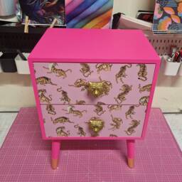 Pink Tiger Square Bedside Table, Two Drawers, Ideal Nightstand. Flamingo & Baby Pink With Gold. Customisable - thumbnail 3