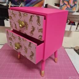 Pink Tiger Square Bedside Table, Two Drawers, Ideal Nightstand. Flamingo & Baby Pink With Gold. Customisable - thumbnail 2