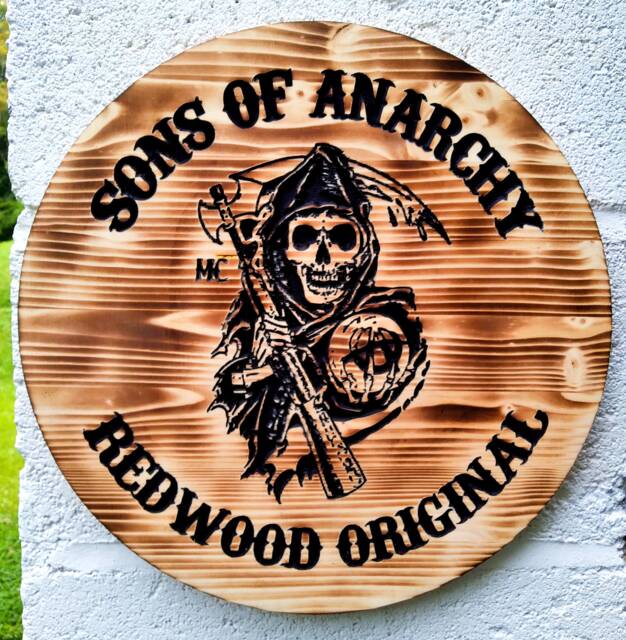 Sons Of Anarchy Grim Reaper Logo Engraved & Painted Wood Wall Hanging Sign With Burned/Burnt Finish