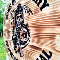 Sons Of Anarchy Grim Reaper Logo Engraved & Painted Wood Wall Hanging Sign With Burned/Burnt Finish - thumbnail 2