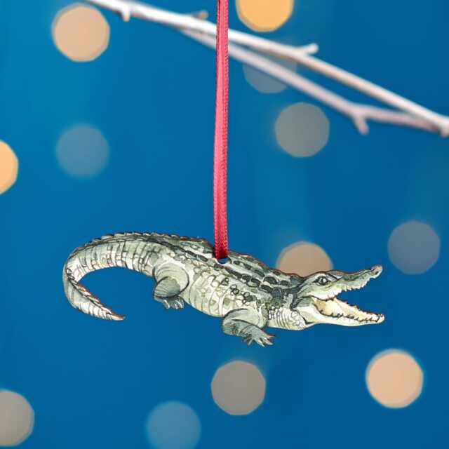 Crocodile Christmas Tree Decoration, Birch Plywood Ornament, Animal Lover Gift, Festive Watercolour Art, Traditional Keepsake - image 1