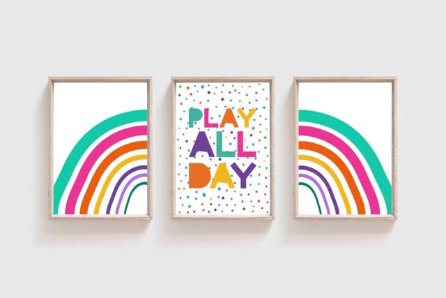 Set Of 3 Rainbow Prints, Teal, Girls Bedroom Decor, Nursery Play All Day, Wall Art, Prints - image 1