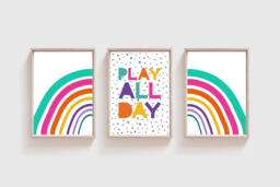 Set Of 3 Rainbow Prints, Teal, Girls Bedroom Decor, Nursery Play All Day, Wall Art, Prints - thumbnail 1