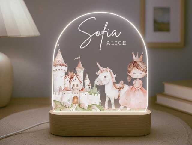 Personalised Children's Princess Unicron Night Light - Led Lamp Nursery Decor Baby Girl Gift For New Name Sign Bedroom - image 1