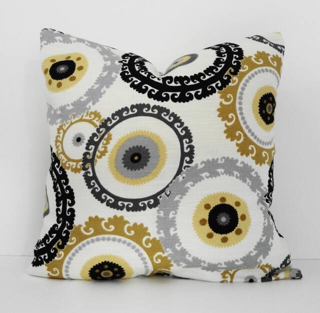 Suzani Pillow Cover Black, Gold & Gray Linen Blend Throw Cushion - 18x18 - image 1